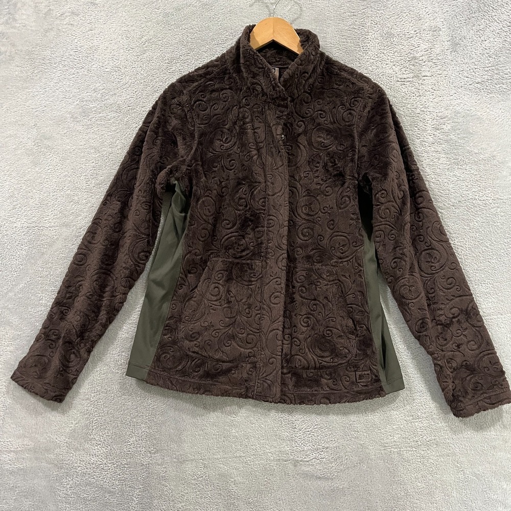REI Soft Floral Textured Velour Fleece Womens Medium Brown‎ Full Zip Jacket Boho